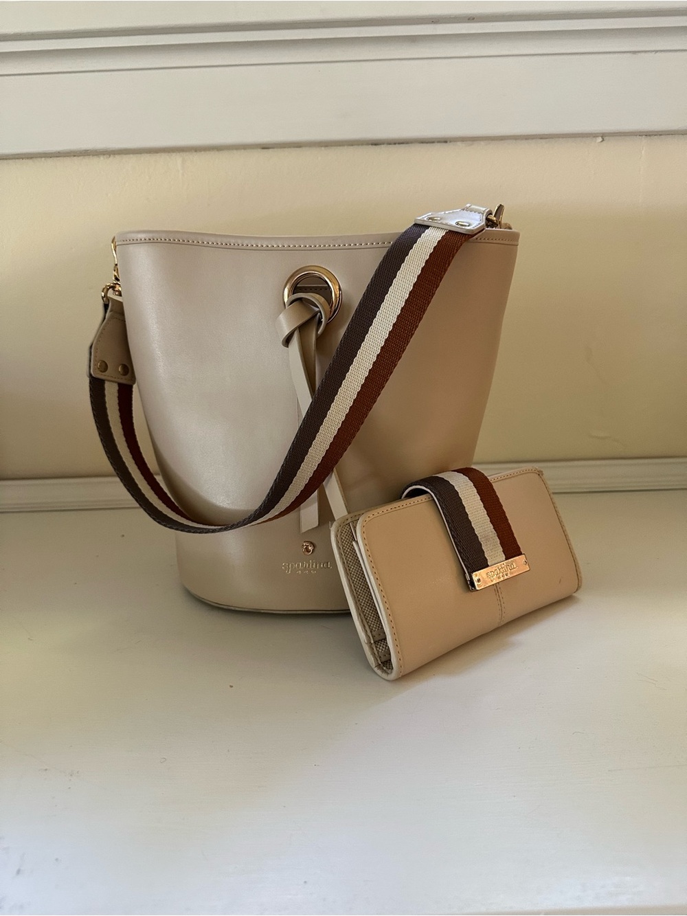 Spartina 449 Leather Bucket Bag with Matching Wallet -tonal stripe detail